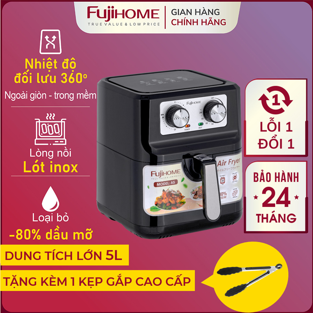 Nồi chiên không dầu 5L tự ngắt Fujihome, Nồi chiên ko dầu cơ tự ngắt không hơi nước 5 lít