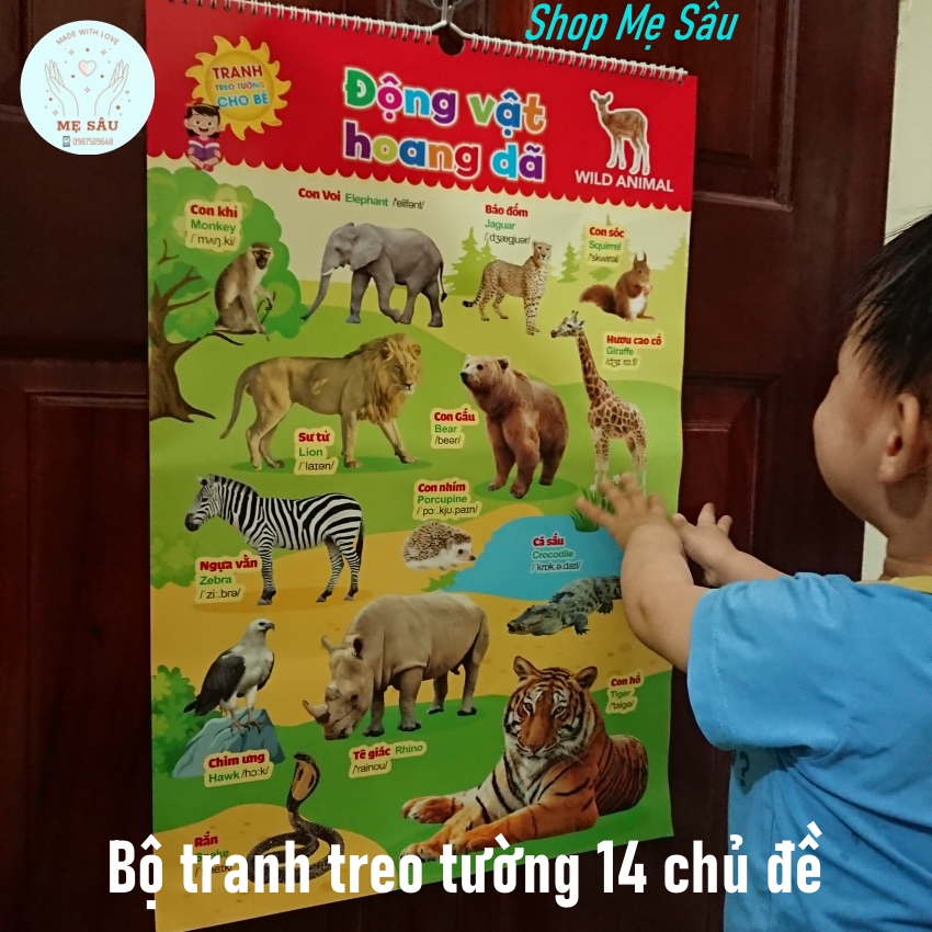 [TẶNG KÈM MÓC TREO TƯỜNG SIÊU DÍNH] Bộ tranh treo tường 14 chủ đề cho bé học Shop Mẹ Sâu, bộ tranh treo tường song ngữ gồm 14 chủ đề in giấy bóng bề đẹp dễ lau chùi, tranh treo tường cho bé làm quen thế giới xung quanh