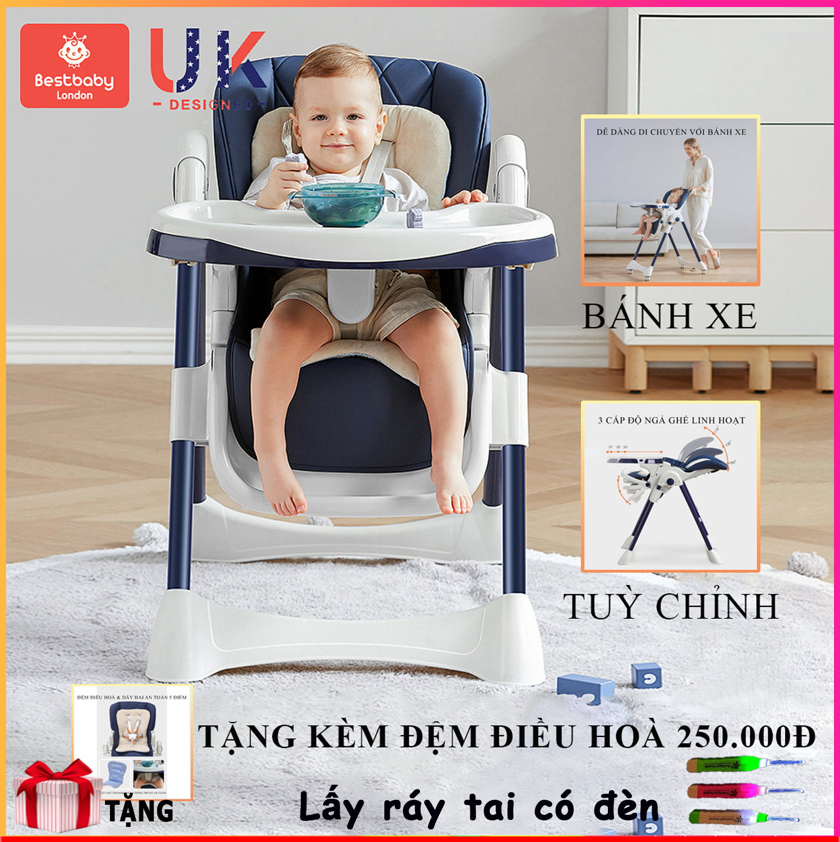 Ghế ăn dặm cao cấp gấp gọn, Điều chỉnh chiều cao và độ ngả của ghế nhiều cấp độ, dễ dàng di chuyển với bánh xe TẶNG ĐỆM ĐIỀU HÒA