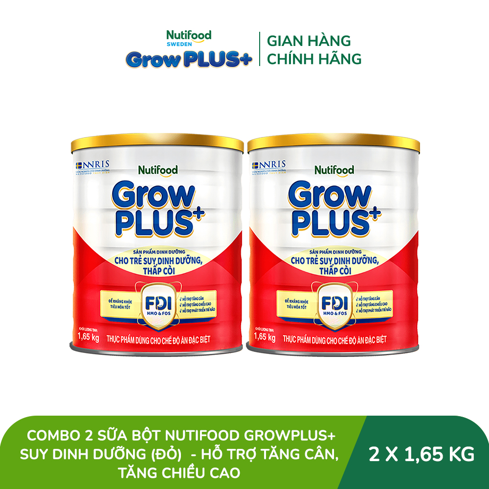 Combo 2 Sữa bột Nutifood GrowPLUS+ Suy Dinh Dưỡng (Đỏ) - Hỗ Trợ Tăng Cân, Tăng Chiều Cao (2 Lon 1,65 Kg)
