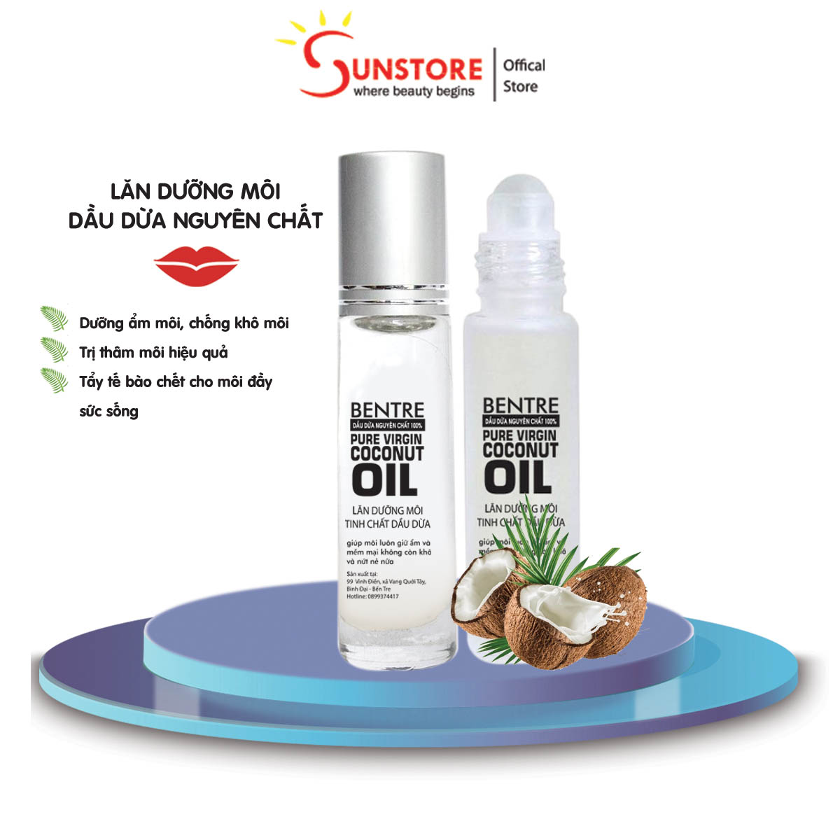 Dưỡng môi tinh chất dầu dừa nguyên chất giúp dưỡng ẩm- chống khô- mờ thâm cho làn môi tràn đầy sức sống 10ml - sunstore17