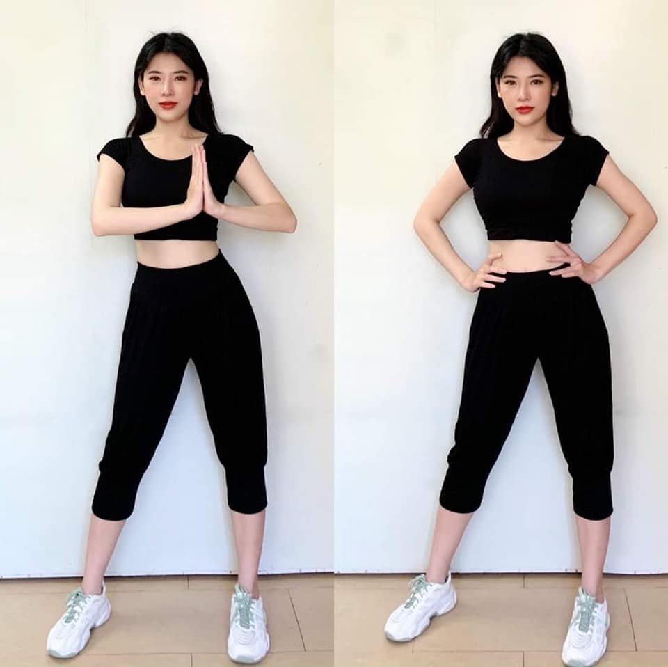Bộ tập Aibaba dáng lửng màu xanh đen, chất co giãn 4 chiều, mềm mát, tập Yoga, Zumba