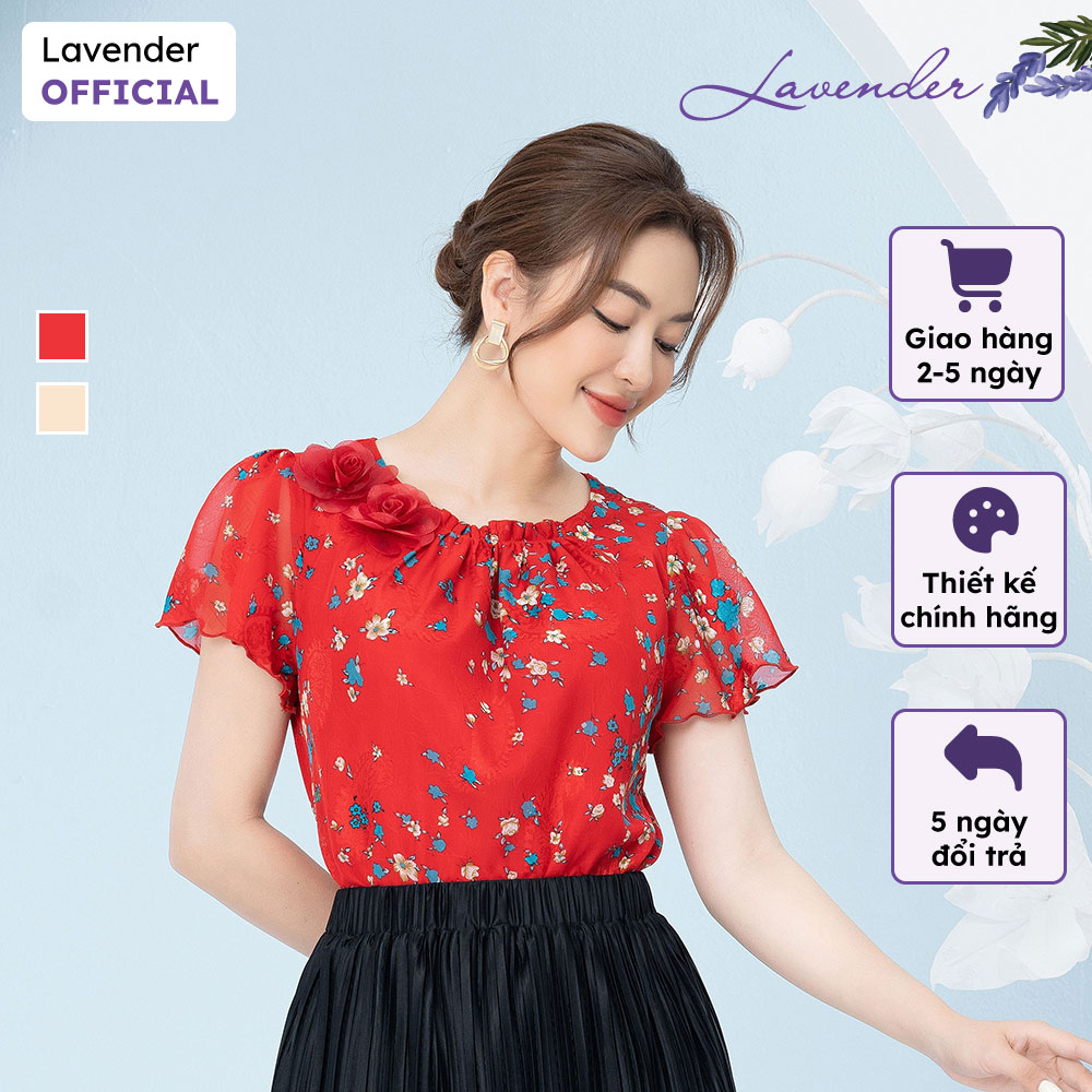 Áo sơ mi công sở nữ lavender vải hoa cổ tròn tay ngắn đính hoa cổ a2436