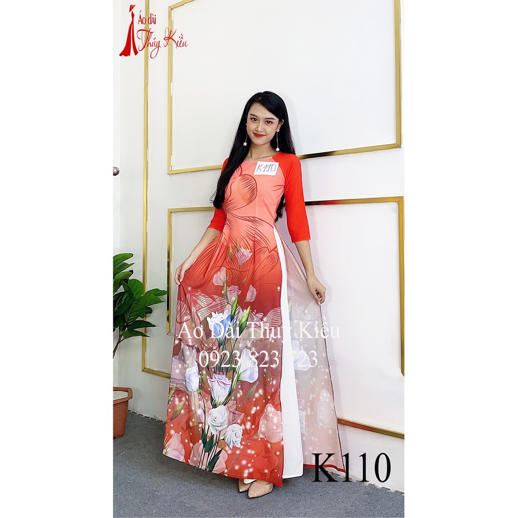 Áo dài truyền thống thiết kế may sẵn cách tân nữ tết nền đỏ cam hoa K110 mềm mại co giãn áo dài giá rẻ