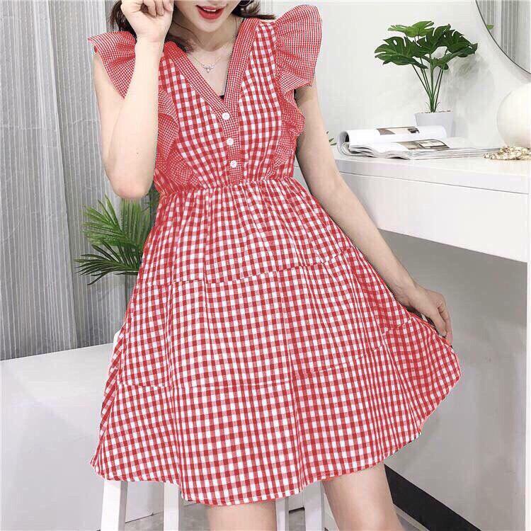 Đầm baby doll họa tiết caro thùy mị điệu đà (Free size dưới 60kg ) 2 màu đen - đỏ