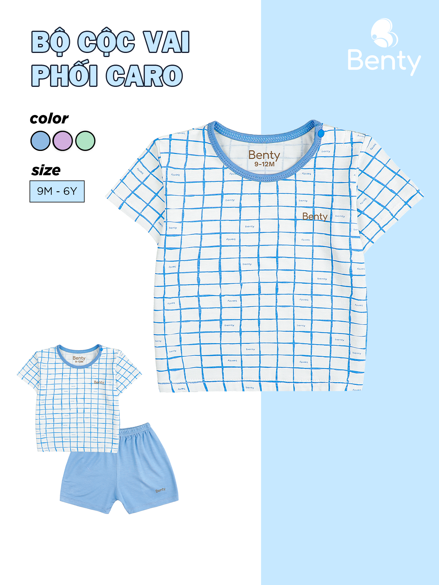  Bộ cộc tay cài vai BENTY phối viền caro cho bé từ 9 tháng đên 6 tuổi chất vải an toàn da bé 