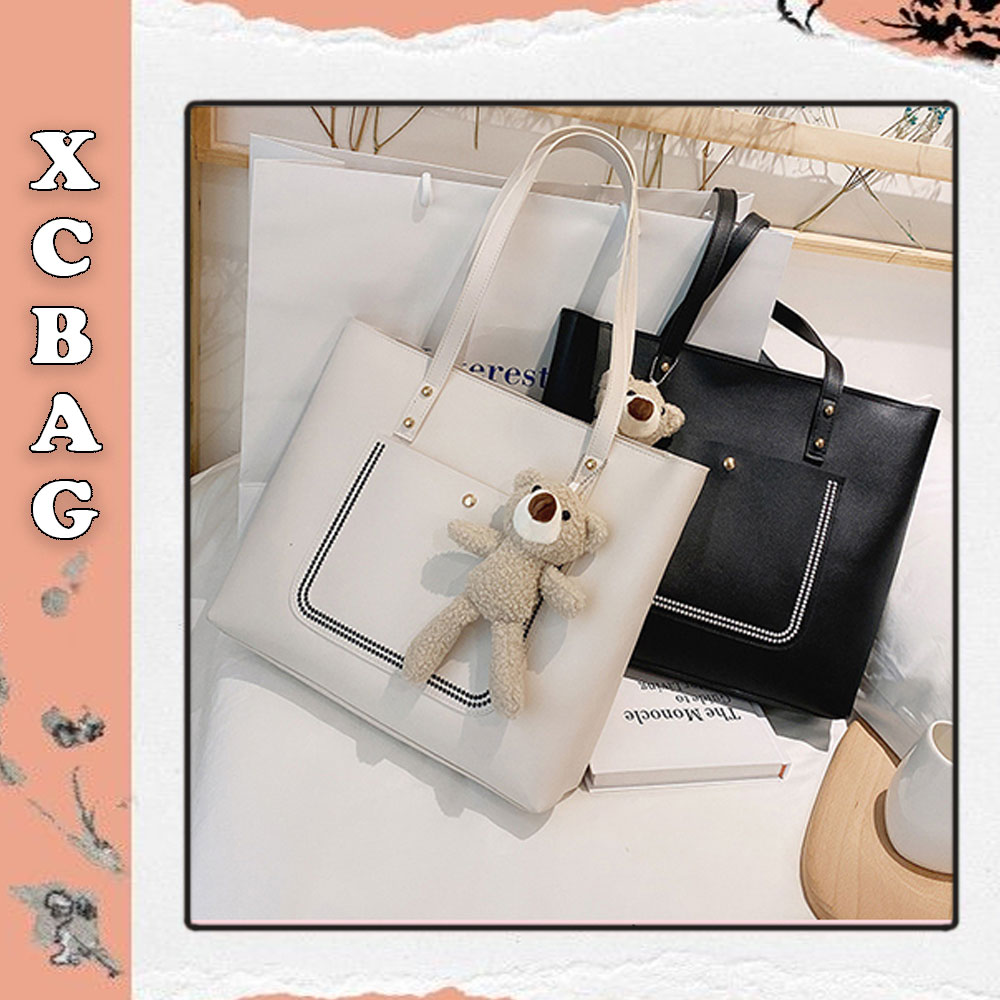 Túi tote da kèm gấu nữ XC-1078, da trơn đựng giấy a4 laptop kiểu túi tote công sở