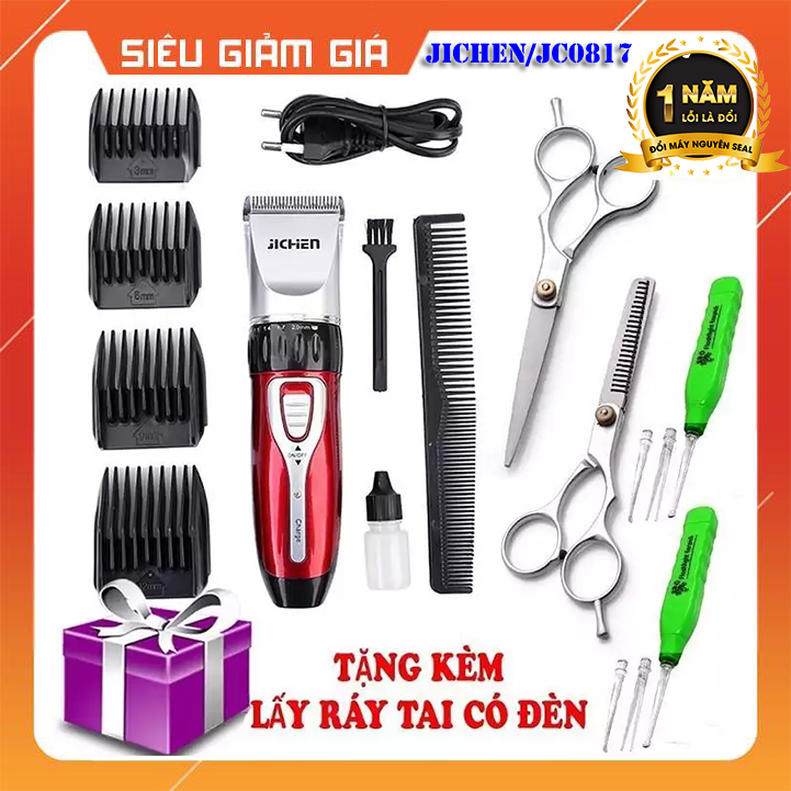 [Bảo hành 12 tháng] tông đơ cắt tóc jichen JC0817 + tặng bộ kéo cắt tỉa + lược + tặng kèm 2 ráy tai có đèn
