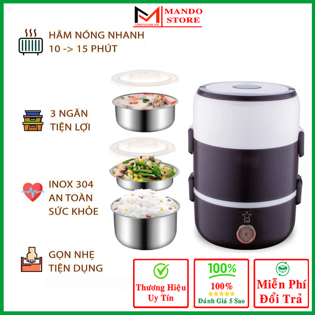 Hộp cơm giữ nhiệt cắm điện inox 3 tầng, hộp đựng cơm giữ nhiệt, hộp đựng cơm cắm điện văn phòng, có lõi hâm nóng thức ăn