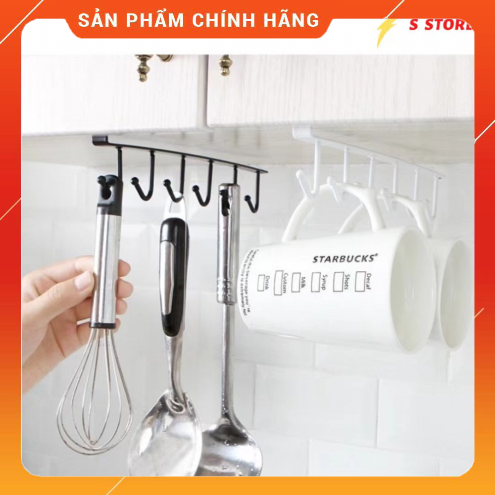Thanh 6 móc treo nhà bếp,giá sắt kẹp tủ bếp có 6 móc treo tiện dụng, 6 móc giữ cốc treo tủ bếp,móc treo đồ đa năng