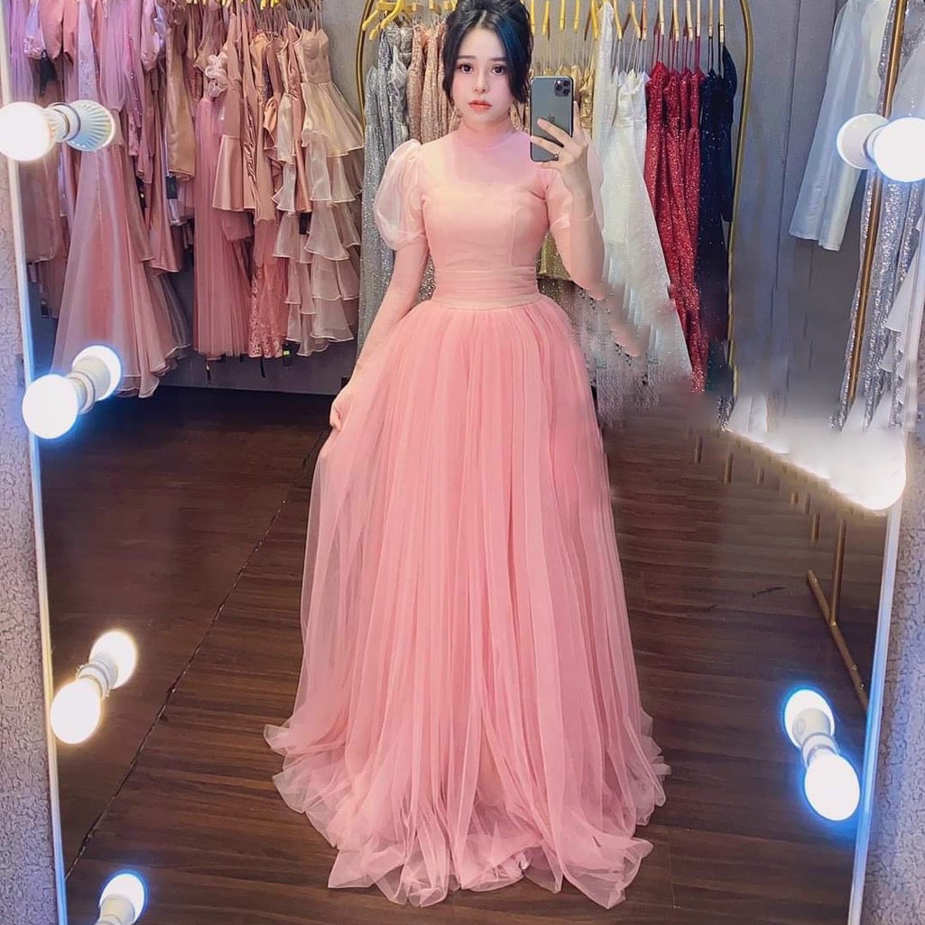 Đầm maxi tay phồng bo eo
