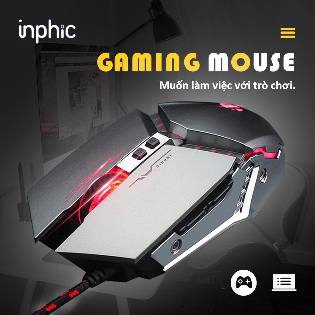 Chuột máy tính có dây usb inphic pw2 - chính hãng với đèn nền rgb tiện dụng, 4800 dpi cho game thủ chuyên nghiệp