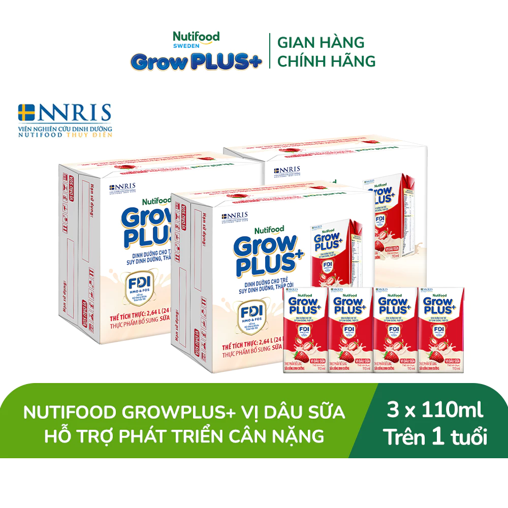 Combo 3 Thùng 24 hộp Sữa bột pha sẵn Nutifood GrowPLUS+ Vị Dâu Sữa hộp 110ml - Hỗ trợ phát triển cân nặng
