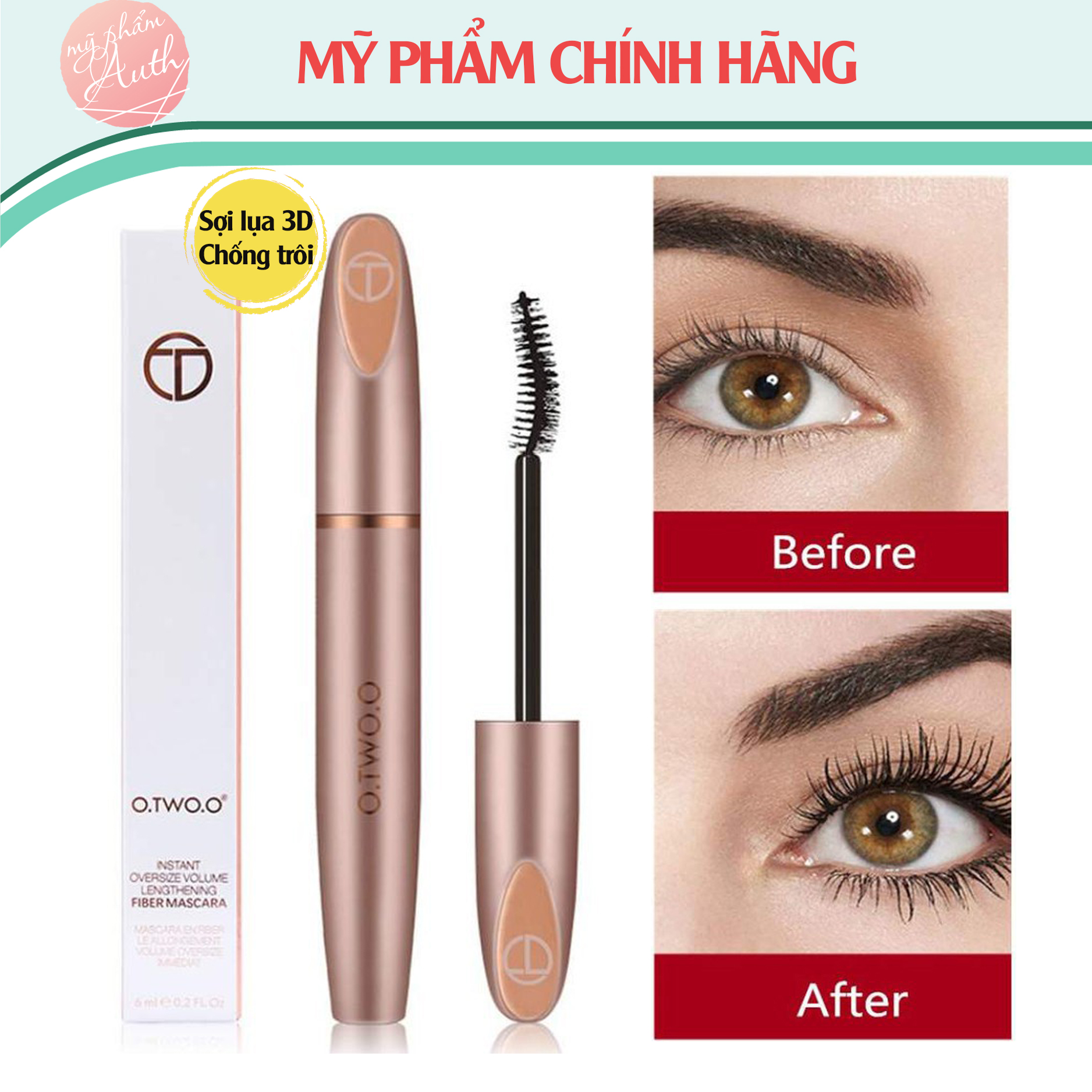[Free ship] Mascara không thâm nước thương hiệu O.TWO.O, Mascara uốn cong và làm dày mi sợi siêu mịn tạo hiệu ứng