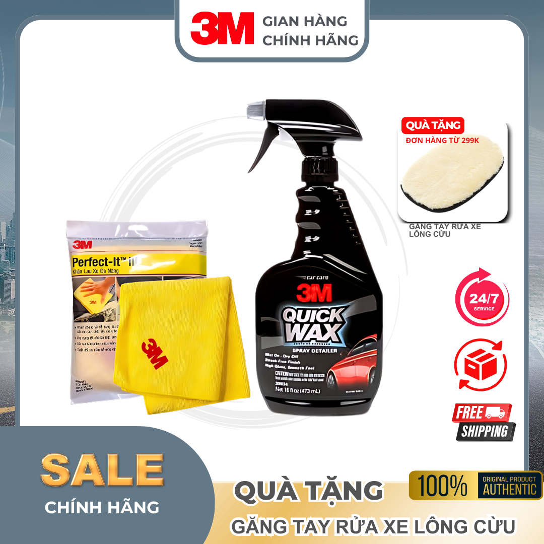 Combo chai xịt tăng độ bóng sơn 3m 39034 473ml và khăn lau xe chuyên dụng 3m
