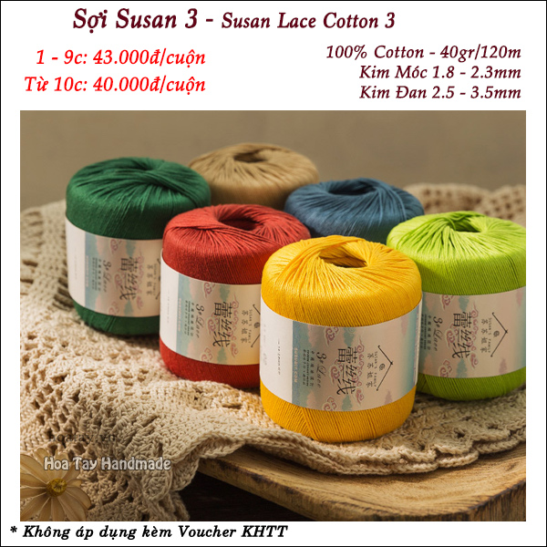 Sợi Susan 3 - Susan Lace Cotton 3, sợi đan móc áo váy mùa hè, bikini, croptop, thú bông nhỏ.
