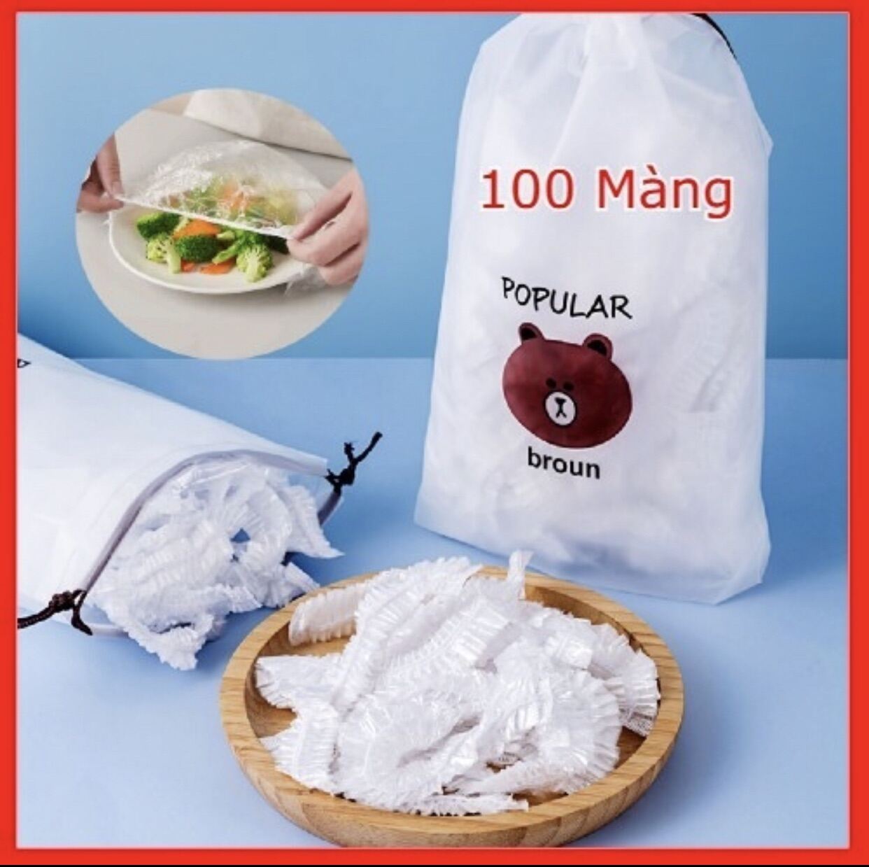 Màng bọc thực phẩm đa năng, bọc thực phẩm co giãn siêu dai có chun hình túi gấu 100 chiếc