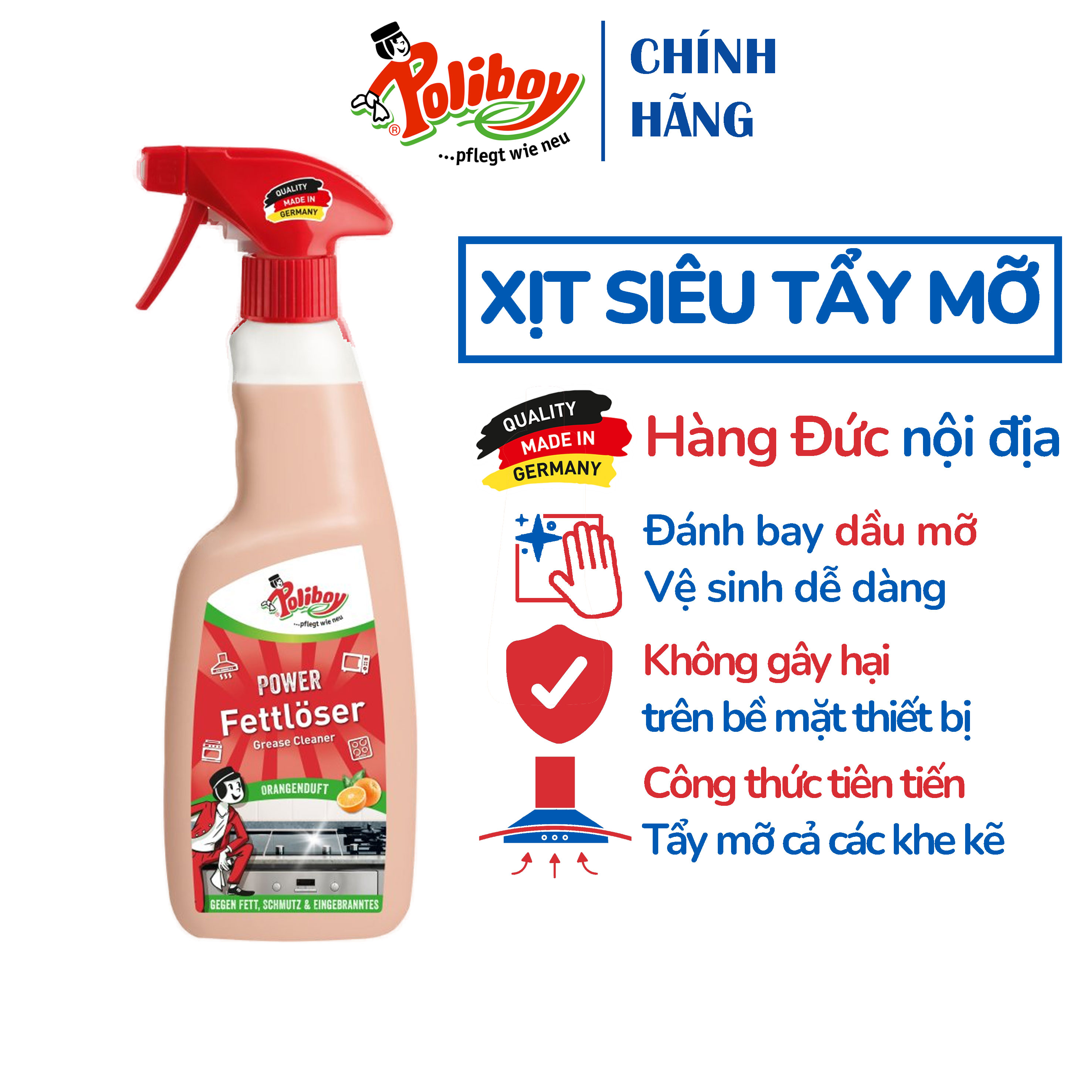 Xịt tẩy dầu mỡ siêu mạnh poliboy tẩy mỡ hút mùi, nồi chiên không dầu, lò vi sóng 500ml