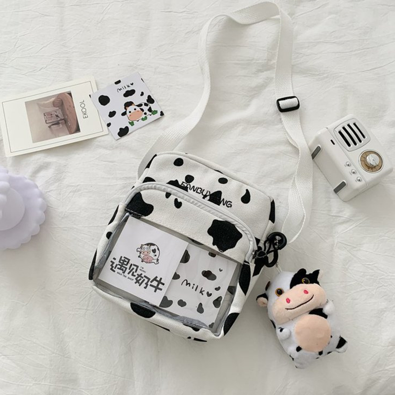 [HCM]Túi đeo chéo mini con bò bữa hình vuông có ngăn trong suốt - không kèm móc khóa