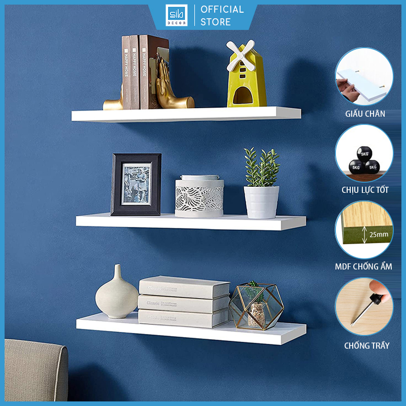 SIB Decor - 3 Kệ Gỗ Trang Trí Treo Tường 40x20cm, Gỗ Dày 25mm Chống Ẩm, Kết Cấu Giấu Chân Không Giá Đỡ