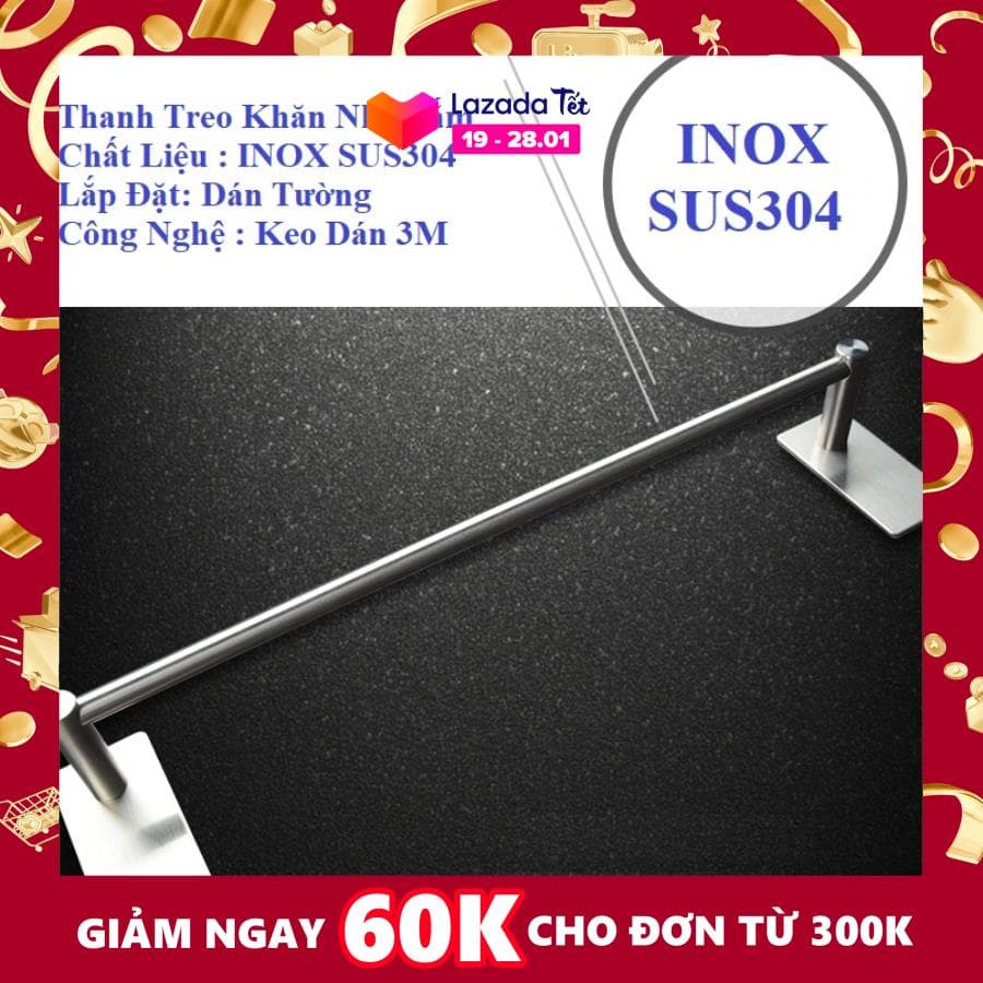 Thanh Treo Khăn Tắm Dán Tường Keo 3M INOX SUS304 Kích Thước 55cm, Giá Vắt Khăn Phòng Tắm Kèm Móc Treo Đồ - T553M