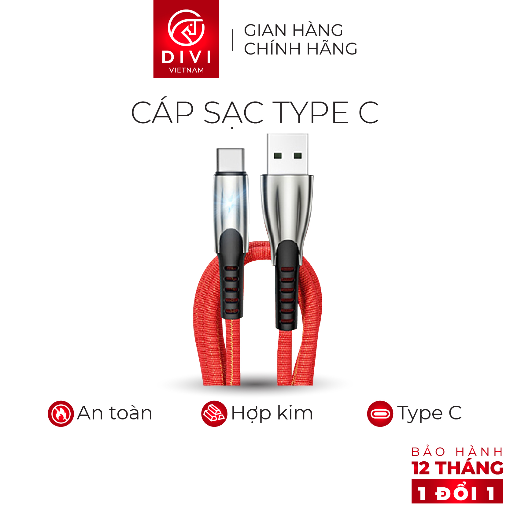 Dây cáp sạc nhanh 5A Type C DIVI P448 vỏ bện nylon - Hàng phân phối chính hãng - Bảo hành 12 tháng 1 đổi 1