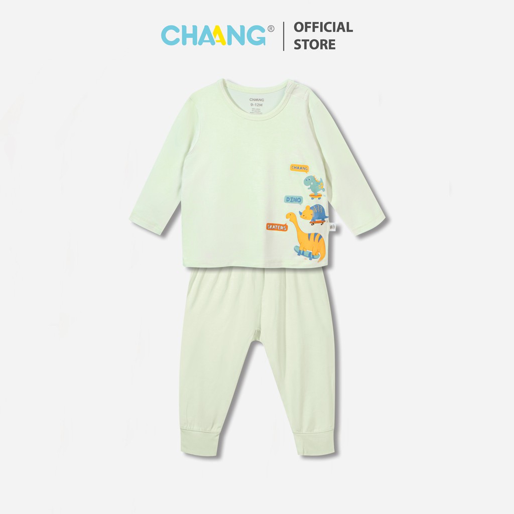Bộ quần áo dài cúc vai bé trai Dino xanh Chaang