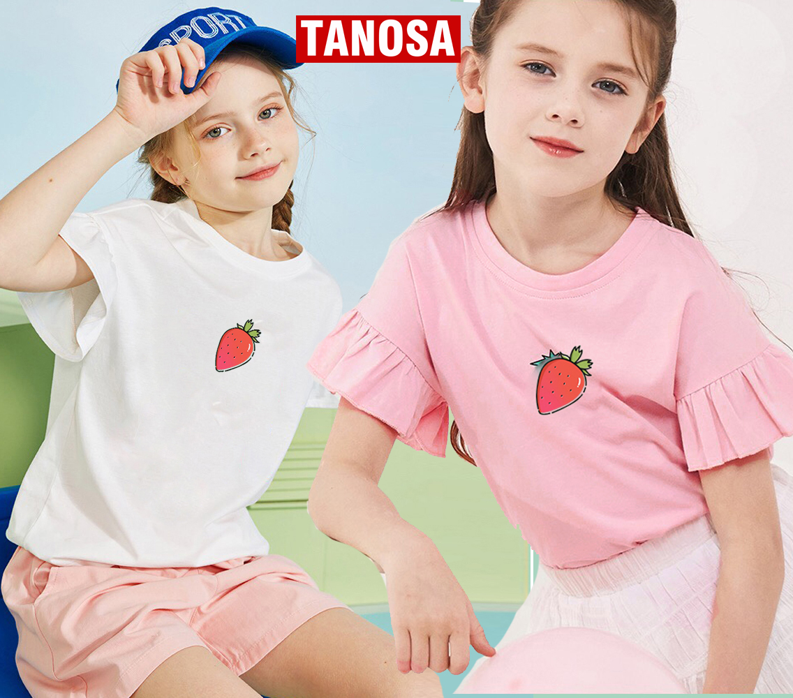 Áo thun áo phông mùa hè cho bé gái áo kiểu tay bèo in dâu tây TANOSA in