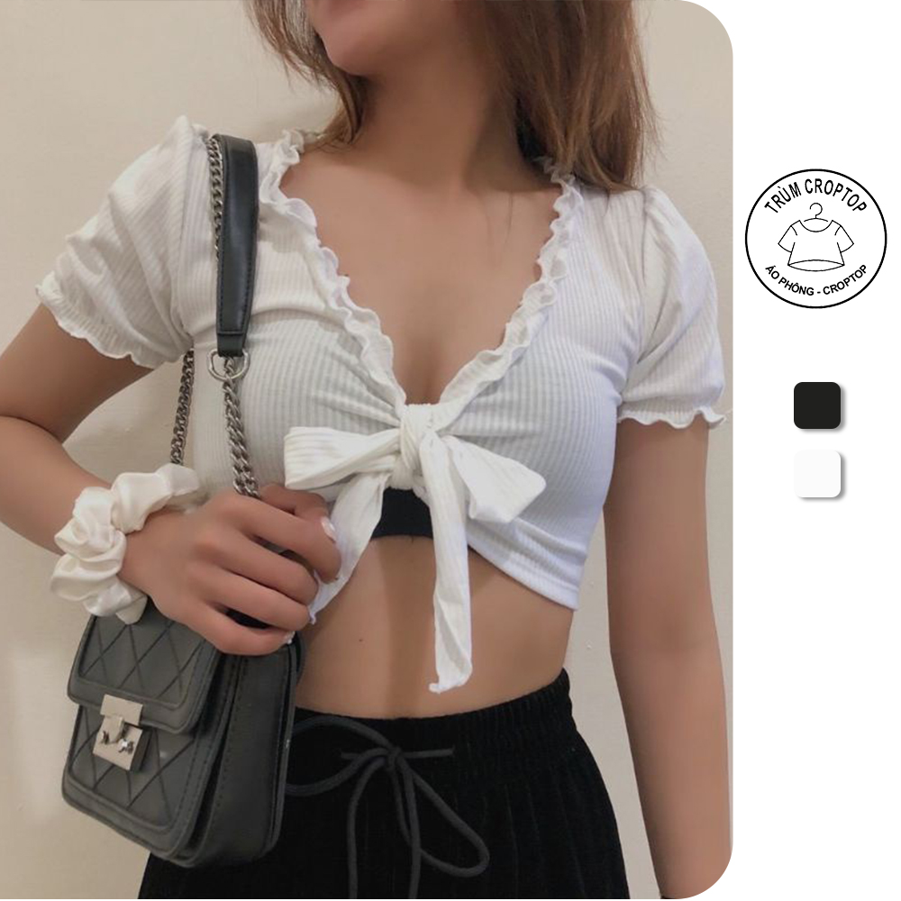 Áo croptop viền bèo phối nơ thắt ngực Trùm Croptop kiểu dáng sexy ôm body
