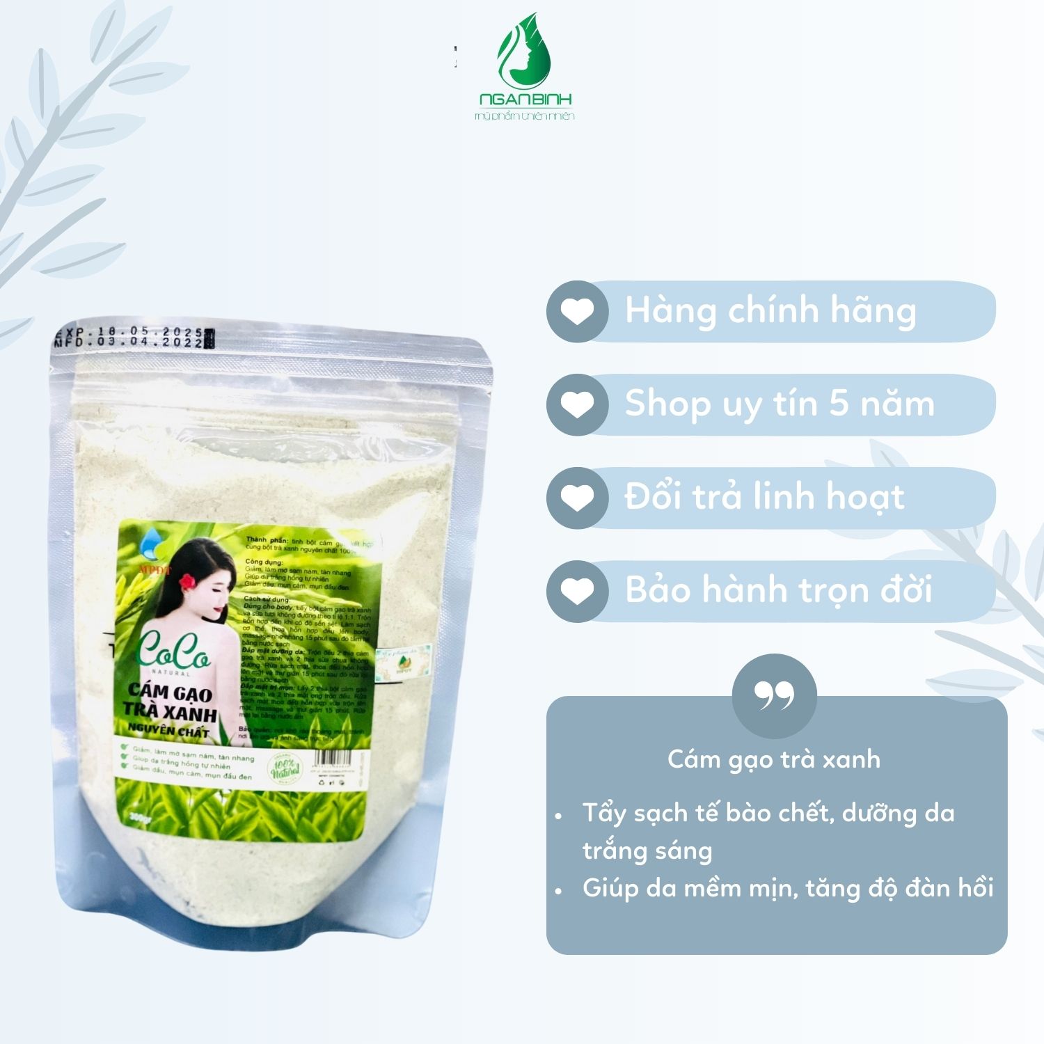 Tắm trắng cám gạo trà xanh cải thiện da trắng sáng tự nhiên 300gr