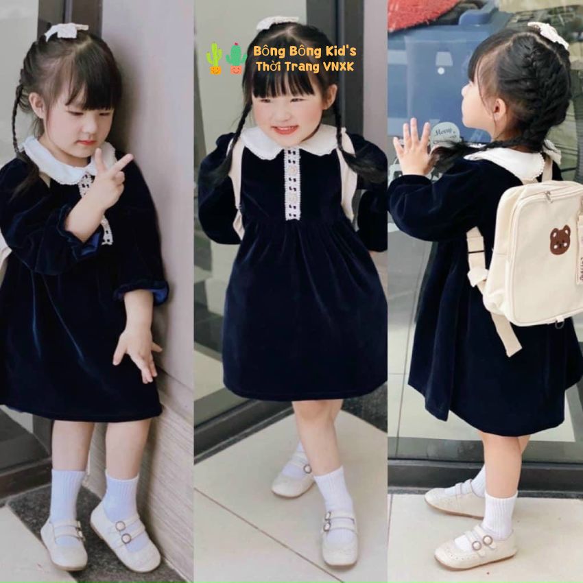 Váy nhung bé gái. váy nhung xanh than phối cổ trắng ngọc trai bé gái. váy nhung siêu sang chảnh bé gái