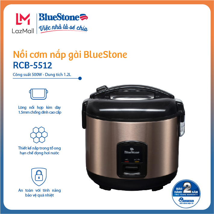 Nồi cơm điện nắp gài bluestone rcb-5512 - dung tích 1.2l - công suất 500w - lòng nồi hợp kim dày 1.5mm phủ lớp chống dính cao cấp - nắp trong tổ ong - bảo hành 2 năm - hàng chính hãng