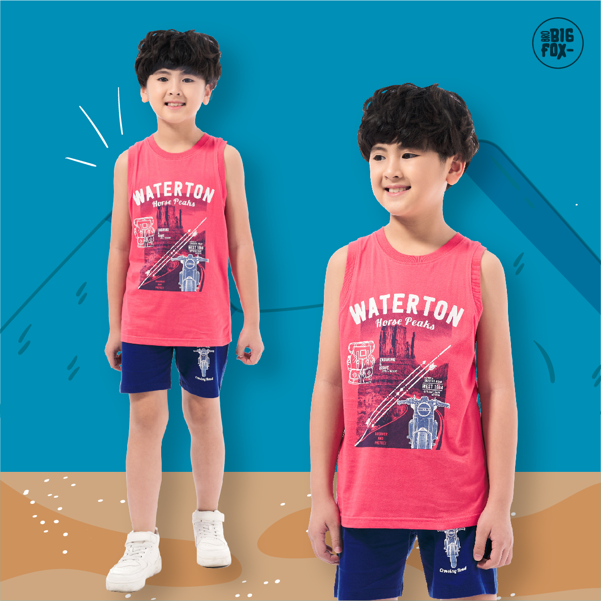 Đồ bộ bé trai size đại, bộ ba lỗ cho bé chất cotton phong cách Âu Mỹ hình in Waterton 11 – 36 kg QATE