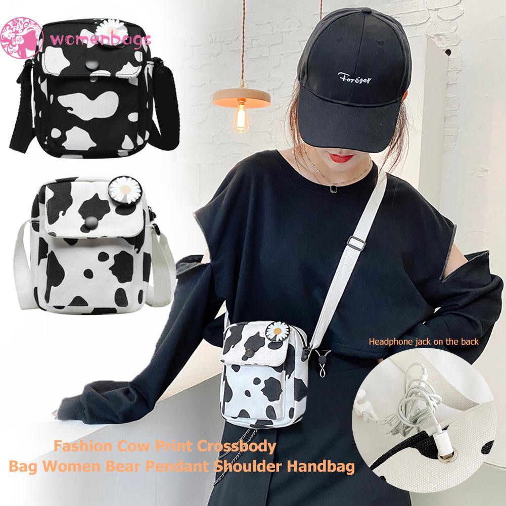 Túi canvas nhỏ đeo vai in bò sữa mặt dây hình gấu với lỗ tai nghe