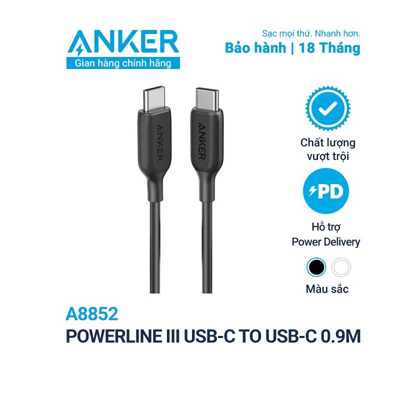 [Anker Việt Nam] Cáp ANKER PowerLine III USB-C to USB-C dài 0.9m - A8852