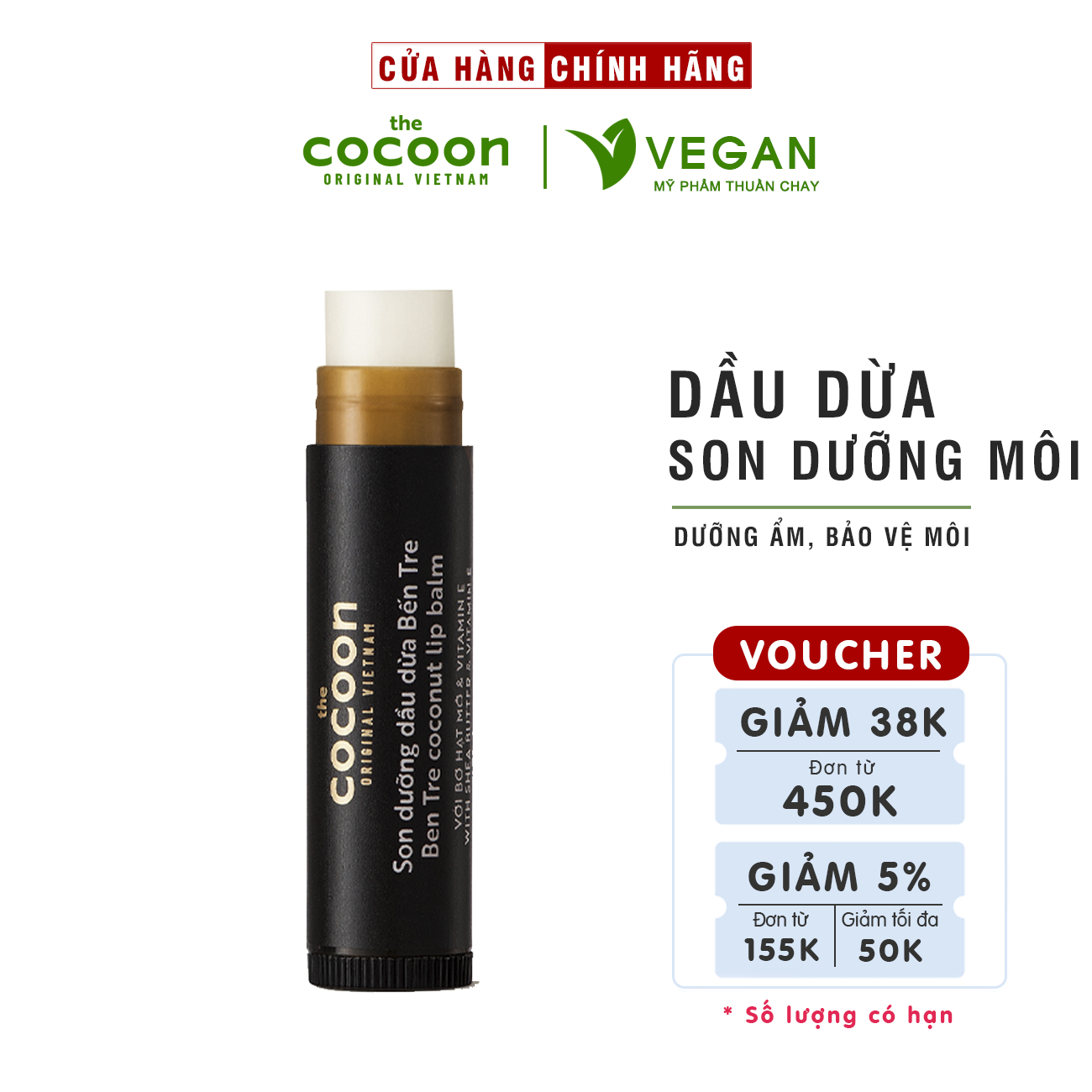 Son dưỡng môi dầu dừa bến tre cocoon 5g giúp môi mềm mượt 100% vegan - mỹ phẩm thuần chay