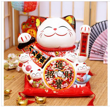 Tượng Mèo Thần Tài Ngũ phúc lâm môn vẫy tay chiêu tài lộc 20cm bằng gốm sứ