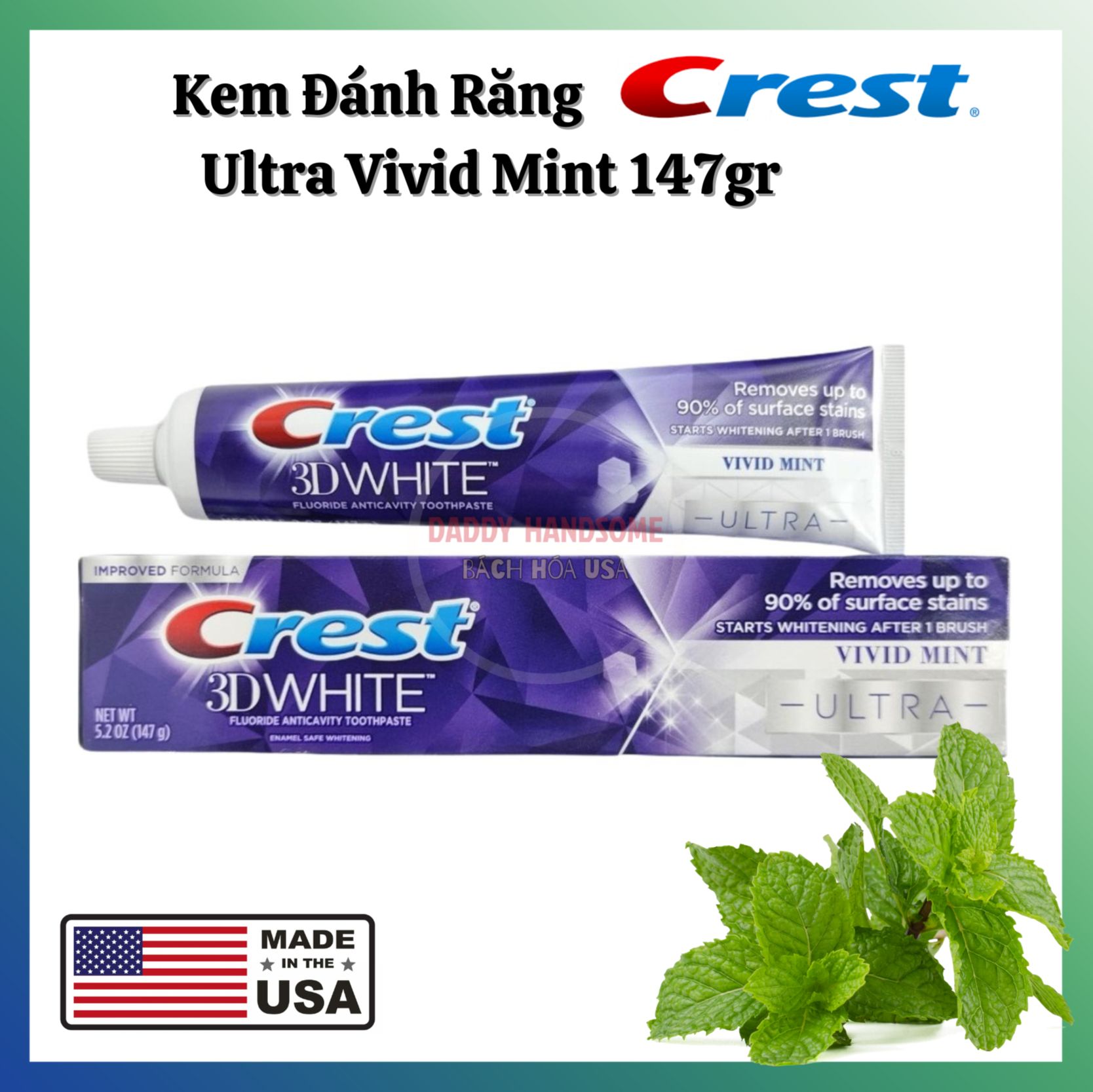 Kem đánh răng crest 3d white siêu trắng ultra vivid mint 147gr chính hãng mỹ