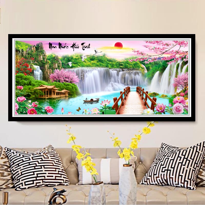 Tranh Thêu Chữ Thập Phong Cảnh 3D Non Nước Hữu Tình Khổ Lớn