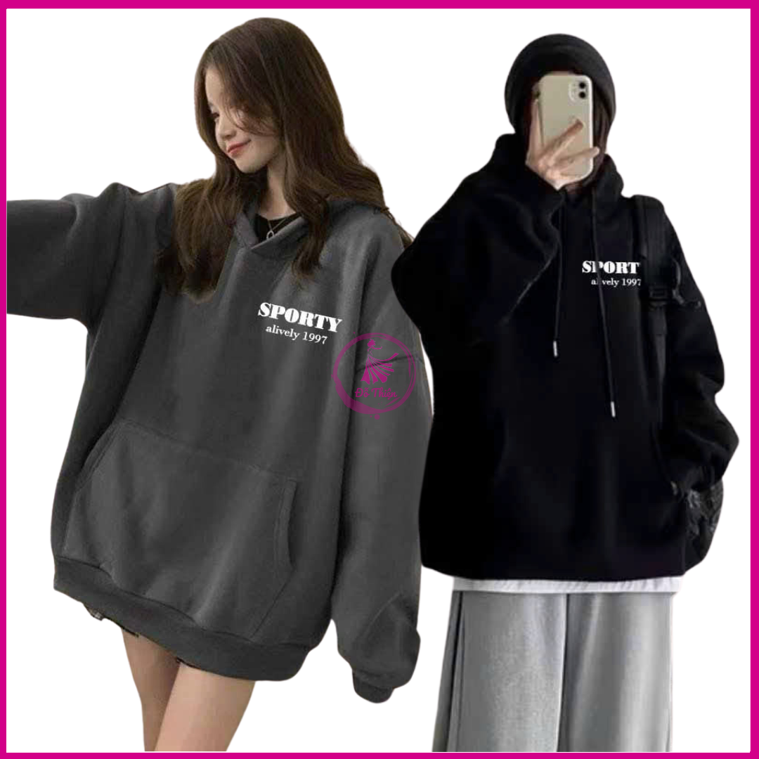 [giảm tới 30k đơn 99k] Áo Hoodie Chui Đầu SPORTY Form Rộng Nam Nữ Unisex Hai Màu Đen, Xám, size 40-68kg - Đỗ Thiện Unisex