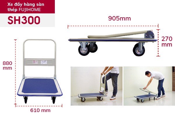 Xe đẩy hàng 4 bánh sàn thép 4 bánh fujihome sh300-tải 200kg