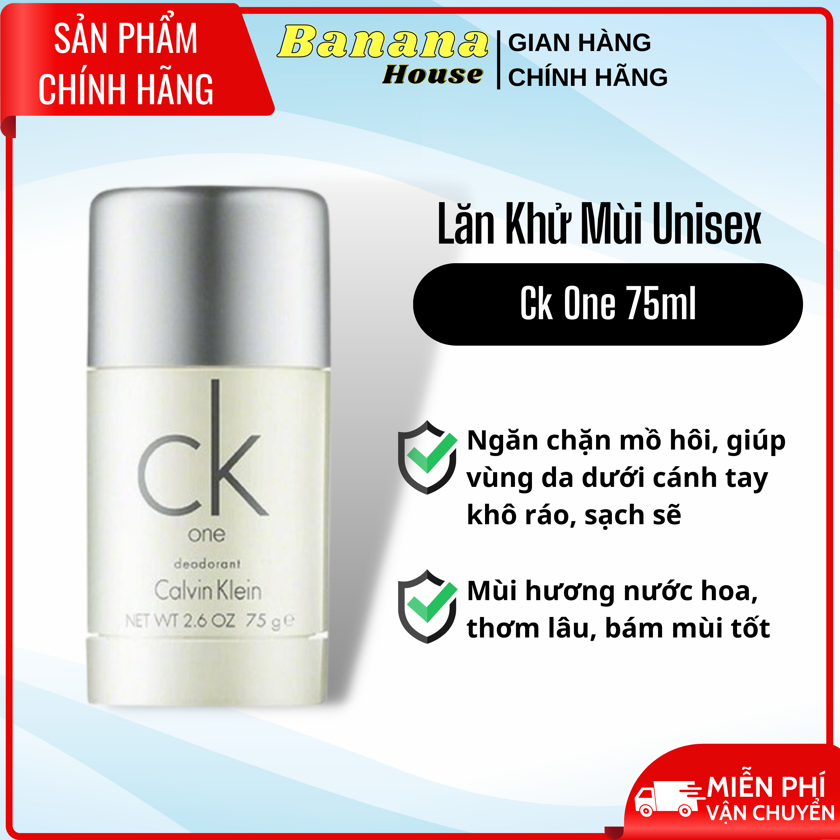 Lăn khử mùi nước hoa ck one 75ml chính hãng thơm lâu cho nam và nữ