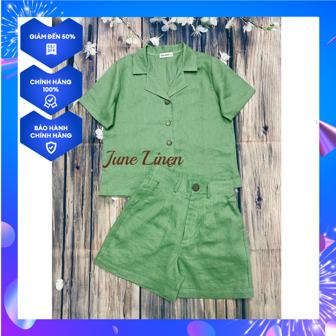 Set bộ áo danton, quần short lưng cao. linen tưng premium. hình thật. june linen
