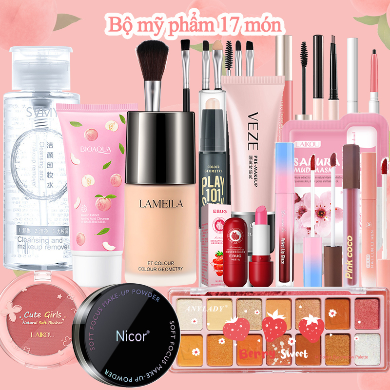 Kiss Belle - Bộ mỹ phẩm hoàn chỉnh 18 món(Cọ trang điểm+kem dưỡng ẩm+mặt nạ+BB cream +9 phấn mắt+6 phấn mắt+mascara kẻ mắt+chì kẻ mày+4 son môi+phấn trang điểm+ son dưỡng+viền bóng+tẩy trang+sữa rửa mặt)