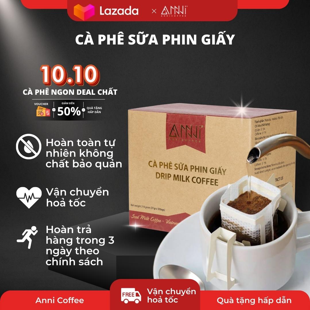 Cà phê sữa phin giấy Anni Coffee - Drip Milk Coffee - (10 Gói x 15g) 100% Arabica & Robusta nguyên chất Kèm gói bột sữa và đường bên trong.