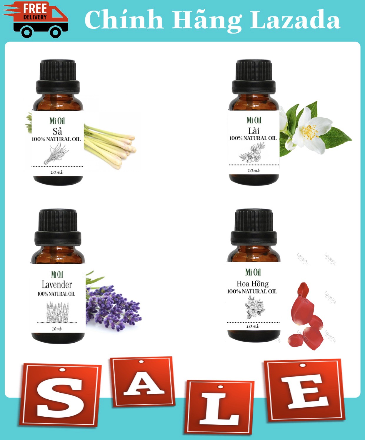 BỘ 4 CHAI TINH DẦU THIÊN NHIÊN, TINH DẦU LAVENDER, SẢ, HOA HỒNG, HOA NHÀI