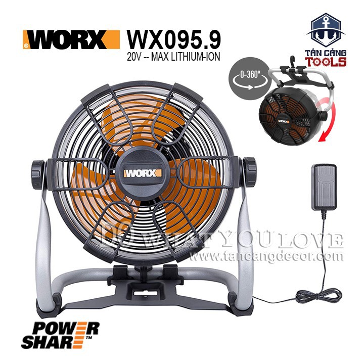 Body và sạc quạt dùng pin 20 v worx wx095.9