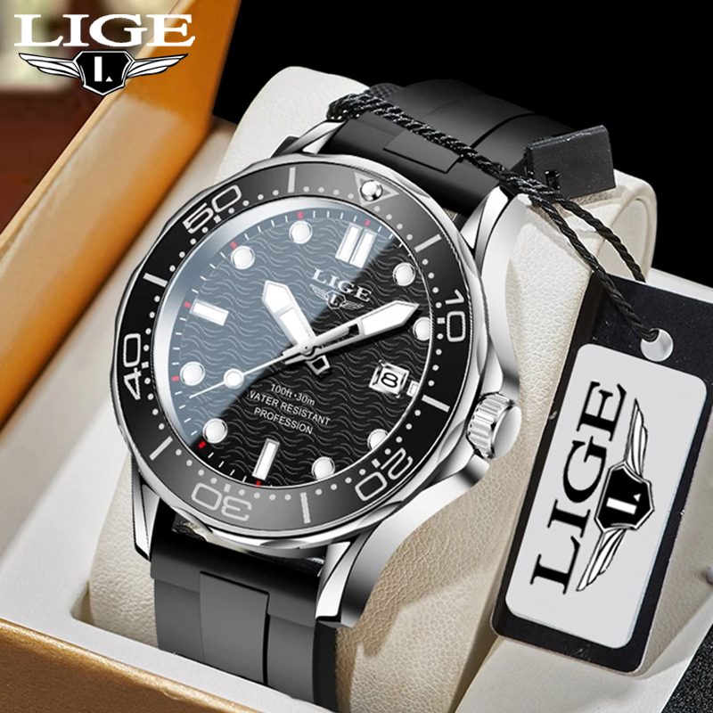 LIGE Đồng Hồ Nam lặn thể thao Đồng hồ đo ngày bằng thép không gỉ chống nước Đồng Hồ Nam quân đội Đồng hồ Thạch anh + Hộp