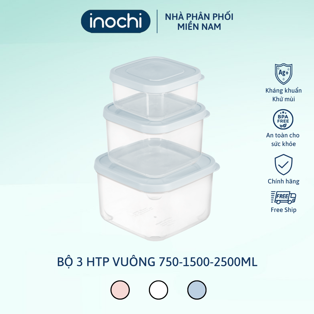 Bộ 3 hộp thực phẩm vuông Hokkaido 750-1500-2500ml chất liệu nhựa PP an toàn, chịu nhiệt 140 độ C, không mùi, dễ dàng vệ sinh