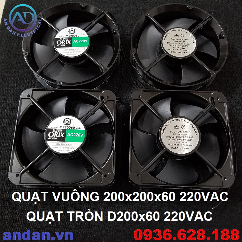 Quạt làm mát tủ điện mr200600-ac 220v, quạt thông gió vuông fp-20060-ex-s1-b 200x200x60 20x20cm, tròn d200x60 super orix, comnowlaeth